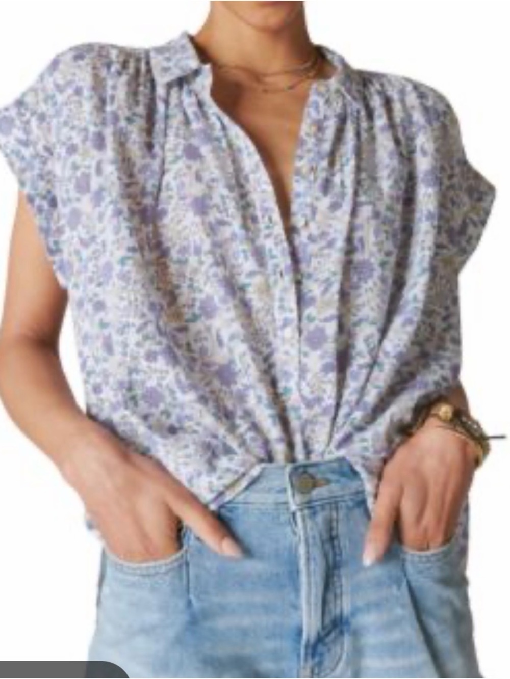 Lucky Brand Lavender Floral Cap-Sleeve Button Blouse